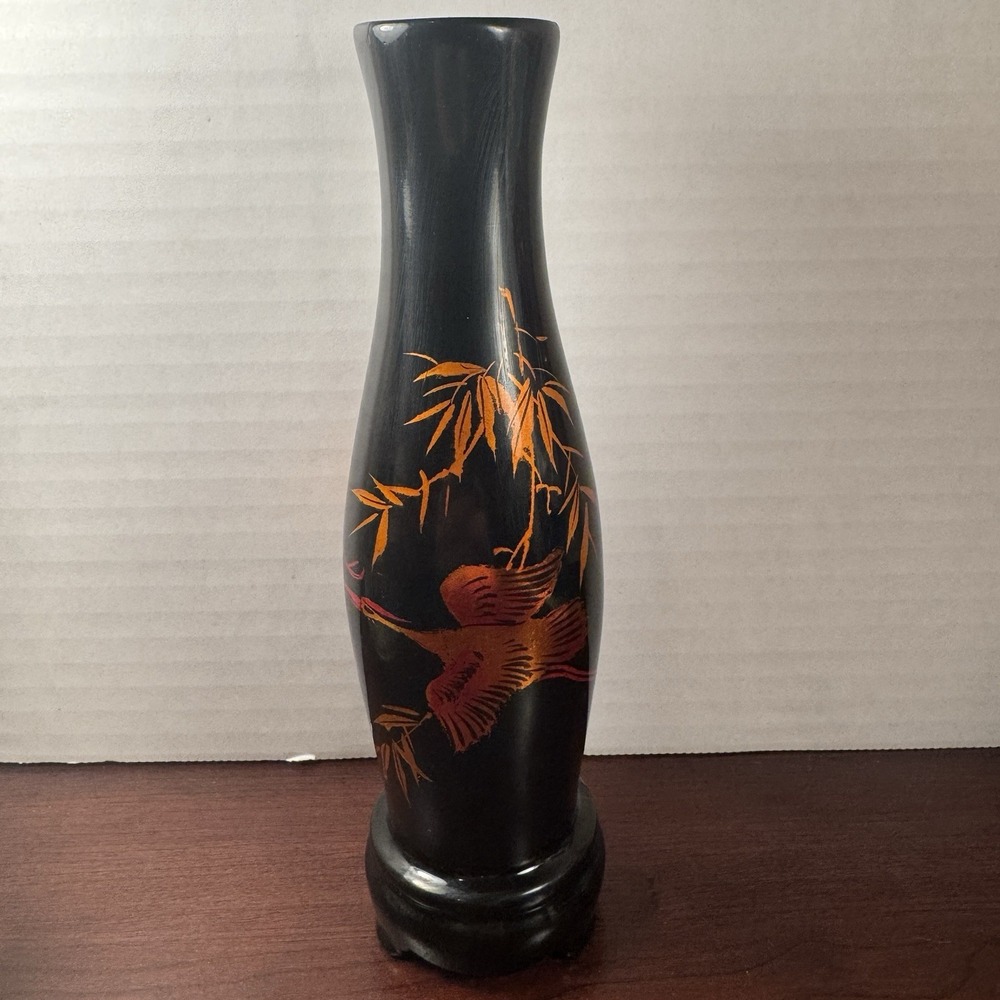 Vtg Japanese Lacquer Ware Wood Vase Cranes Birds Bamboo Asian Decor 8.25"